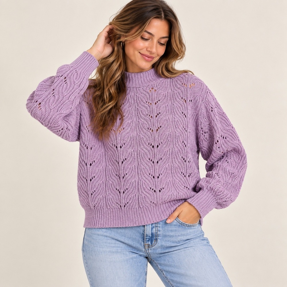 Weatherproof Vintage Nirvana Lavender Pointelle Knit Mock Neck Sweater Purple M